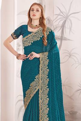 Teal blue sequin embroidered work fendy two tone silk saree sari 3