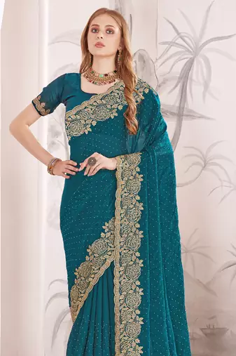 Teal blue sequin embroidered work fendy two tone silk saree sari