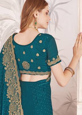 Teal blue sequin embroidered work fendy two tone silk saree sari 4