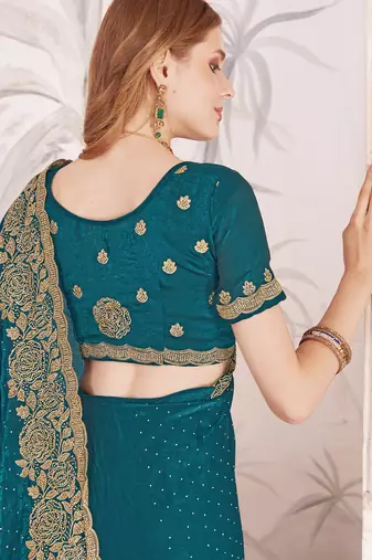 Teal blue sequin embroidered work fendy two tone silk saree sari