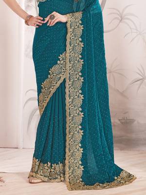 Teal blue sequin embroidered work fendy two tone silk saree sari 5