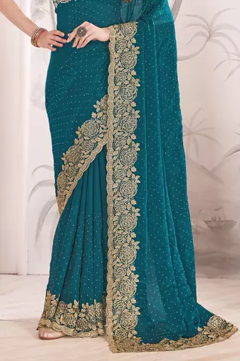 Teal blue sequin embroidered work fendy two tone silk saree sari