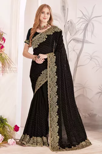 Black sequin embroidered work fendy two tone silk saree sari