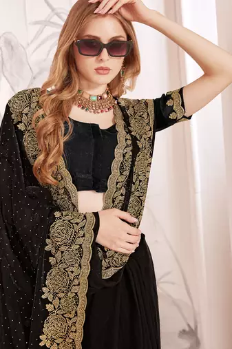 Black sequin embroidered work fendy two tone silk saree sari