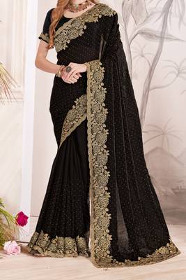 Black sequin embroidered work fendy two tone silk saree sari 4