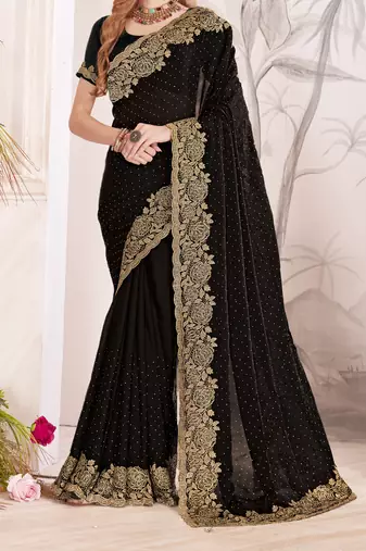 Black sequin embroidered work fendy two tone silk saree sari