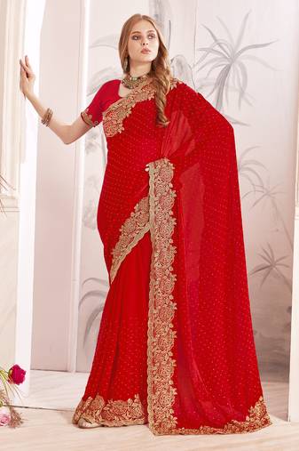 Red sequin embroidered work fendy two tone silk saree sari