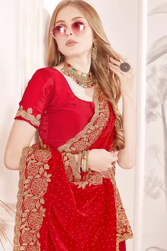 Red sequin embroidered work fendy two tone silk saree sari