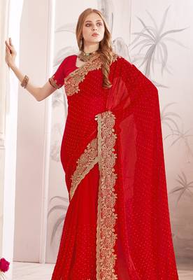 Red sequin embroidered work fendy two tone silk saree sari 3