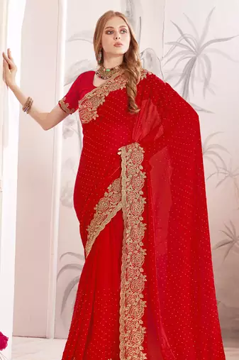 Red sequin embroidered work fendy two tone silk saree sari
