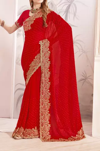 Red sequin embroidered work fendy two tone silk saree sari