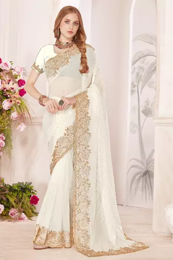 White blue sequin embroidered work fendy two tone silk saree sari
