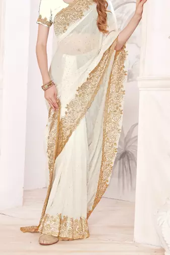 White blue sequin embroidered work fendy two tone silk saree sari