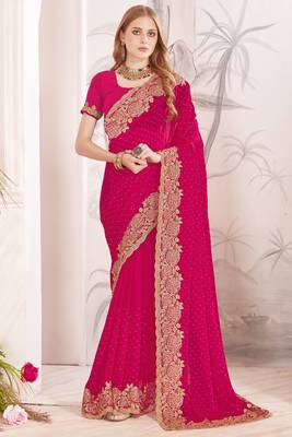 Magenta sequin embroidered work fendy two tone silk saree sari 1