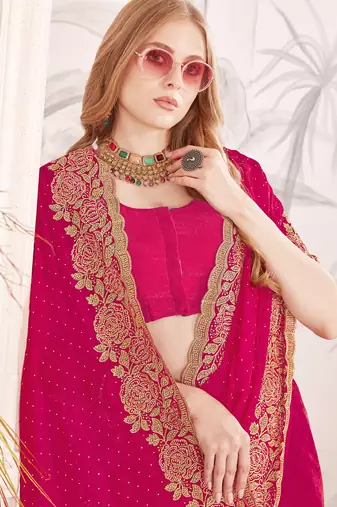 Magenta sequin embroidered work fendy two tone silk saree sari