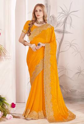Mustard sequin embroidered work fendy two tone silk saree sari 1