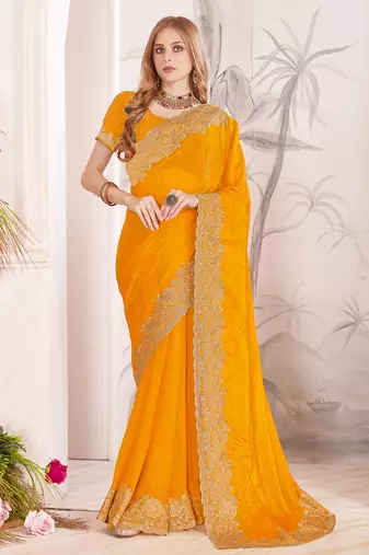 Mustard sequin embroidered work fendy two tone silk saree sari