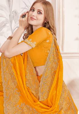 Mustard sequin embroidered work fendy two tone silk saree sari 2