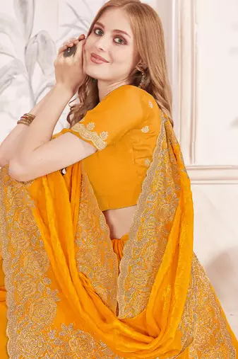 Mustard sequin embroidered work fendy two tone silk saree sari