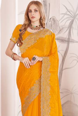 Mustard sequin embroidered work fendy two tone silk saree sari 3