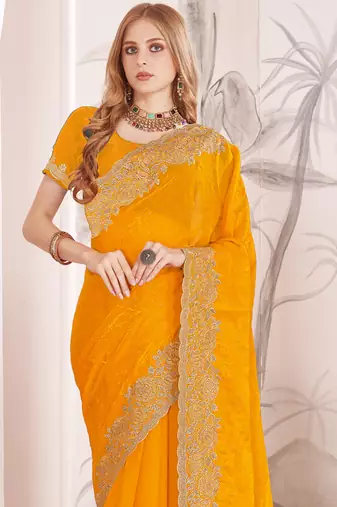 Mustard sequin embroidered work fendy two tone silk saree sari