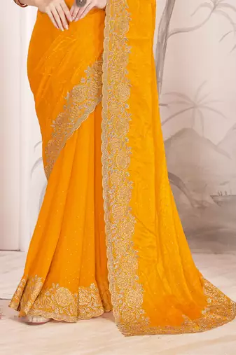 Mustard sequin embroidered work fendy two tone silk saree sari