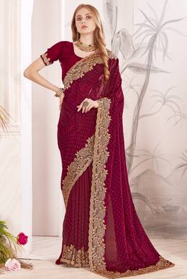 Maroon sequin embroidered work fendy two tone silk saree sari 1