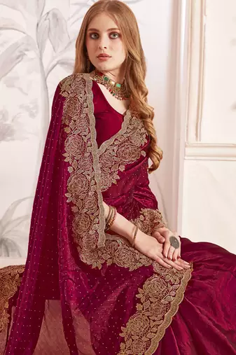 Maroon sequin embroidered work fendy two tone silk saree sari
