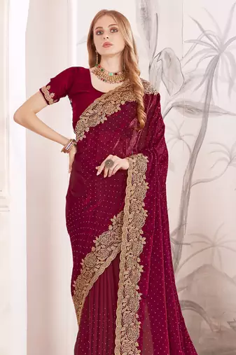 Maroon sequin embroidered work fendy two tone silk saree sari