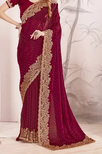 Maroon sequin embroidered work fendy two tone silk saree sari