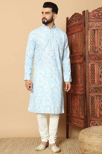 Light blue heavy linen cotton print with cotton pyjama