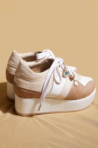 Beige solid leather wedges