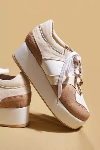 Beige solid leather wedges