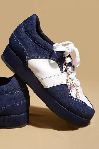 Blue solid denim wedges