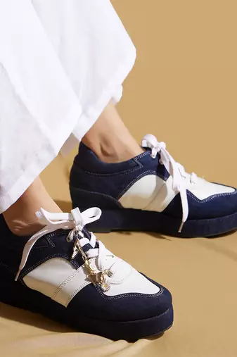 Blue solid denim wedges