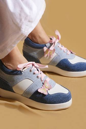 Multicolor solid denim wedges