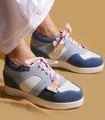 Multicolor solid denim wedges