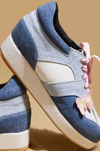 Multicolor solid denim wedges