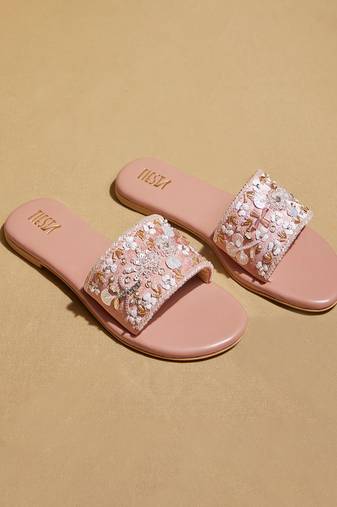 Pink embroidered satin flats