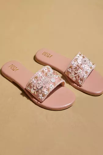 Pink embroidered satin flats