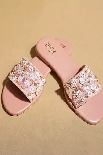 Pink embroidered satin flats