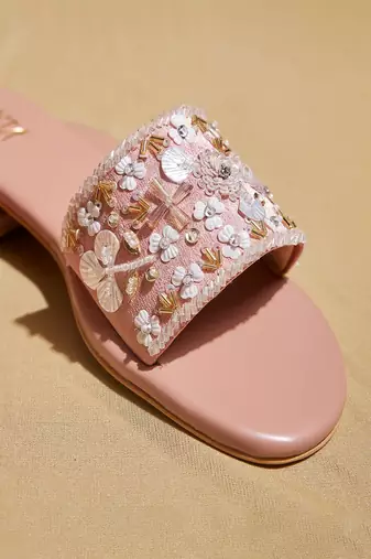 Pink embroidered satin flats