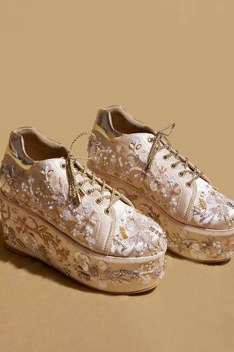 Gold embroidered satin heels