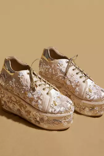 Gold embroidered satin heels