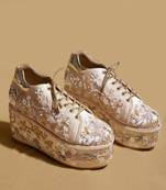 Gold embroidered satin heels