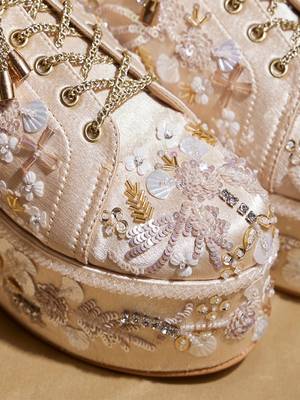 Gold embroidered satin heels 2