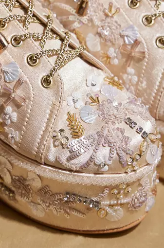 Gold embroidered satin heels