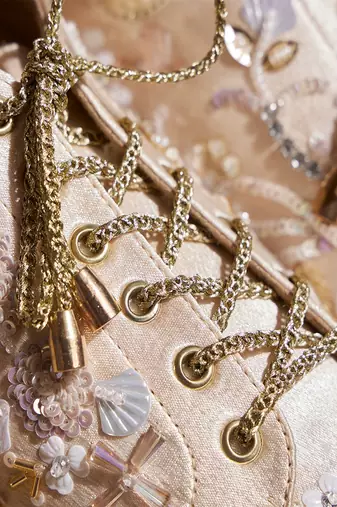 Gold embroidered satin heels
