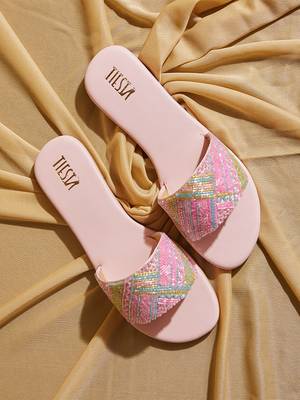 Pink embroidered satin flats 1