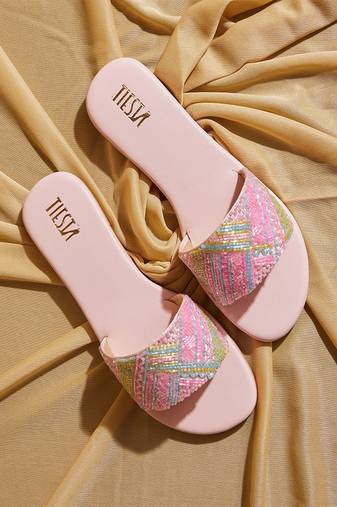 Pink embroidered satin flats